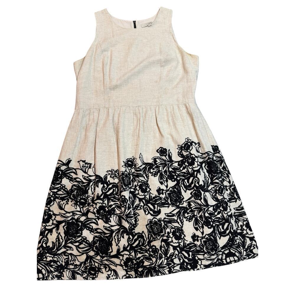 Loft Dress Linen Cotton Size 12 Beige with Black Border